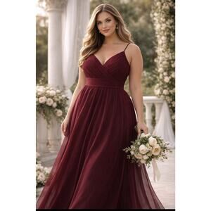 Sorella Vita Bridesmaid Dress Womens 14 Burgundy Chiffon Pleated V Neck Formal